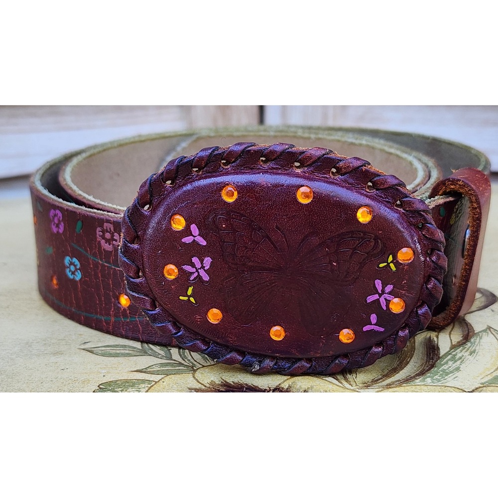 Ariat Sz 32/80 Brown Full Grain Leather Butterfly Floral Western Belt Fairy Fall